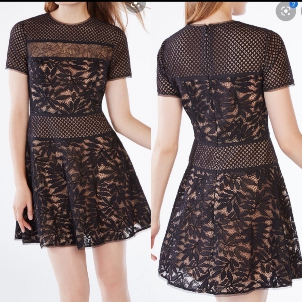 𝅺BCBG Max Azria Eleanor Black and Tan Lace Cocktail Dress